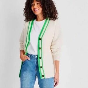 Elegant Cream Cardigan with Green Accents